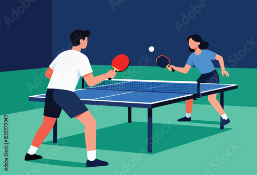 A man and a woman play table tennis in a minimalist setting