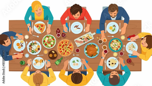 Family and friends enjoying a festive meal together around a large dining table.