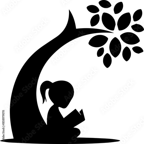 Solitude Beneath the Canopy: A silhouette of a young reader immersed in a book beneath the protective shade of a stylized tree, capturing moments of peace and knowledge.