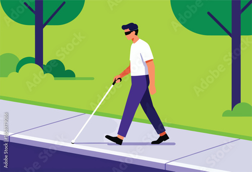 Person wearing a blindfold walks with a white cane on a sidewalk beside trees