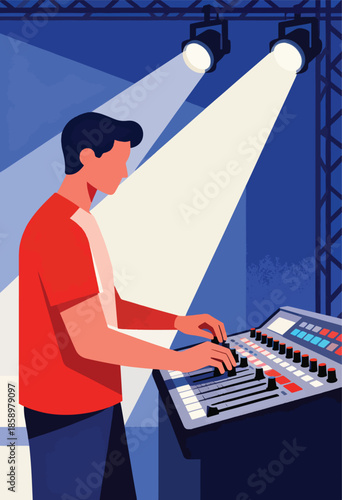 Performer adjusts sound board on stage under spotlight beams