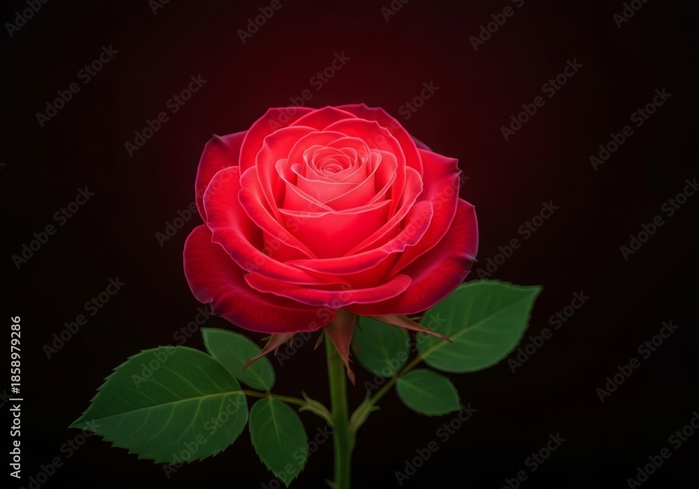 Fototapeta premium Close-up of a vivid red rose with fresh green leaves emerging from deep black, creating a romantic, elegant mood perfect for love, beauty, and celebration themed designs.