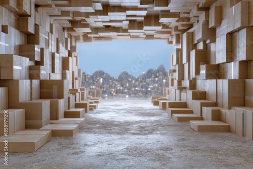 A tunnel formed by stacked wooden cubes leads toward a glowing landscape of distant lights, blending natural warmth with surreal sci-fi atmosphere for visionary concepts.