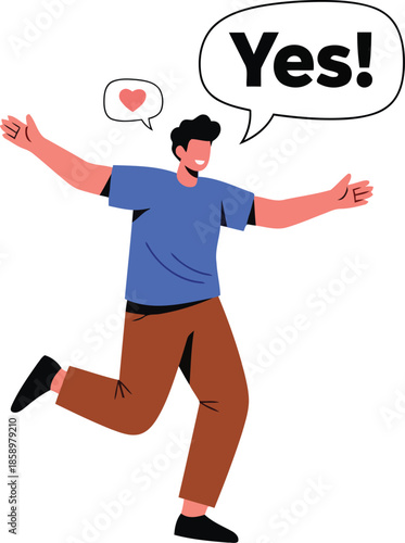 Man jumping with success and love expression positive flat vector illustration on transparent background