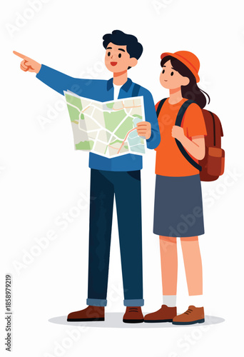 A couple with backpacks consults a map, pointing the way