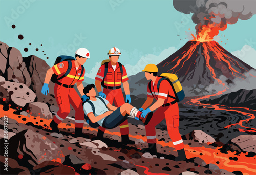 Rescuers carry injured person through volcanic debris and lava flows