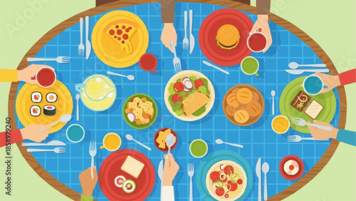 Family enjoying a delicious meal together at a dining table.