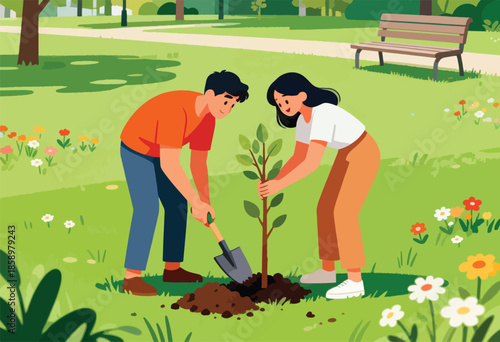 Couple planting a tree in a park with flowers and a bench nearby
