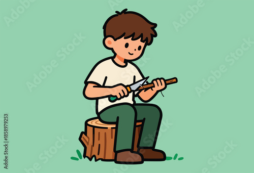 A child sits on a tree stump, carving a stick with a knife