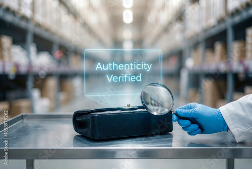Inspector checking luxury black handbag with magnifying glass and authenticity verified digital hologram overlay on metal table in warehouse logistics center for quality control.