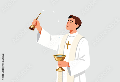 Cleric holds holy water sprinkler over chalice, blessing with droplets