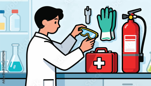 Scientist preparing safety gear, flask, and first aid in lab
