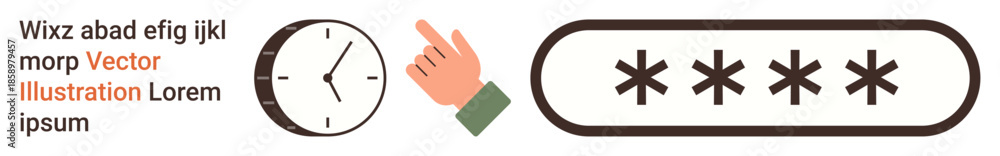 Obraz premium Online security, password protection, time management, digital authentication, cybersecurity concept, identity verification. Clock, hand gesture and password field icons. Online security