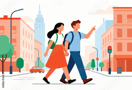 Two people walk through a city, with buildings, trees, and a car