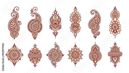 Henna tattoos ink sketch vector set. Floral leaves stems ornamental pattern skin maroon red temporary tattoo illustrations isolated on transparent background