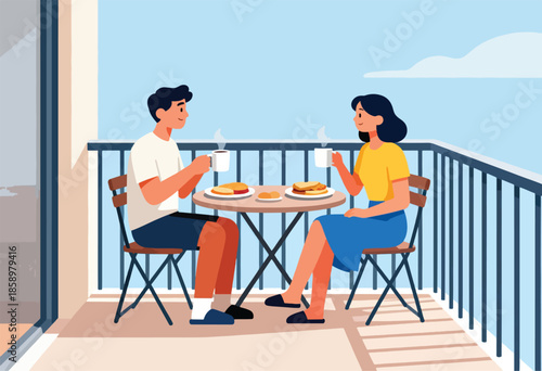 Couple enjoying breakfast and coffee on a balcony with a clear blue sky