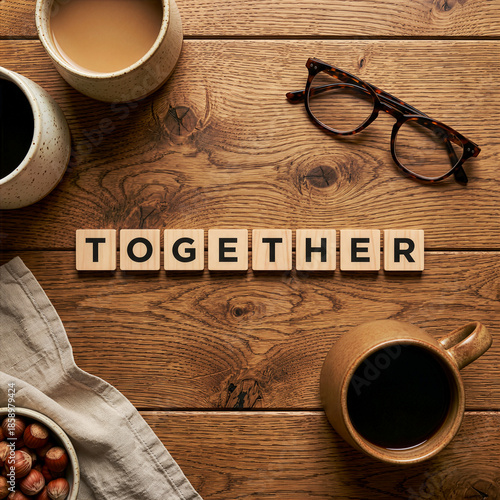 Together word spelled on wooden tiles flat lay with coffee cups eyeglasses and hazelnuts on rustic oak table top view concept for teamwork unity and friendship gathering