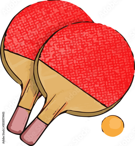 Ping-Pong Gear: Featuring a pair of vibrant red paddles and a bright yellow ball. This image celebrates the simplicity and joy of recreational ping-pong.