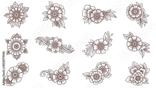 Henna tattoos ink sketch vector set. Floral leaves stems ornamental pattern skin maroon red temporary tattoo illustrations isolated on transparent background