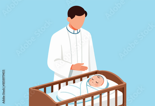 Clergyman watching over a sleeping baby in a wooden crib
