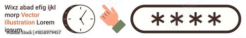 Online security, password protection, time management, digital authentication, cybersecurity concept, identity verification. Clock, hand gesture and password field icons. Online security