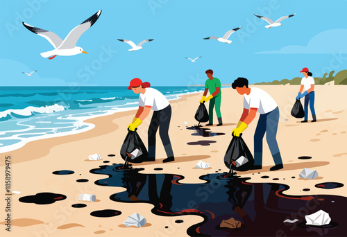 Volunteers clean polluted beach as seagulls fly overhead
