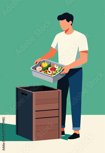 Man deposits vegetable scraps and fruit peels into a composting bin