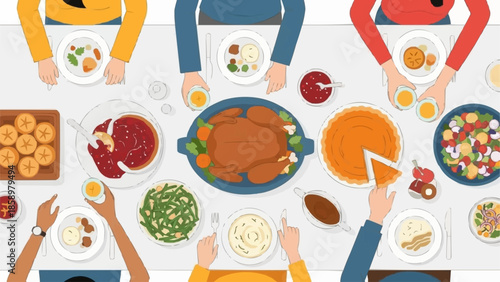 Family enjoying a festive holiday dinner with a roasted turkey and various side dishes.