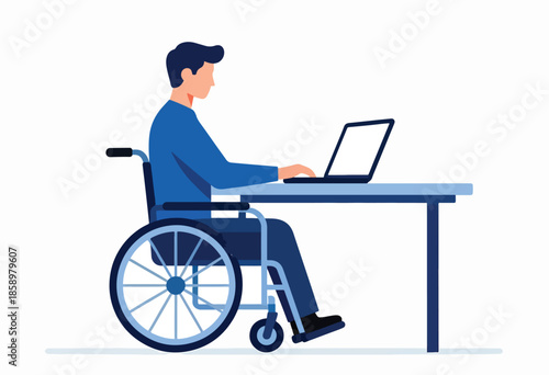 Man in wheelchair typing on laptop at desk