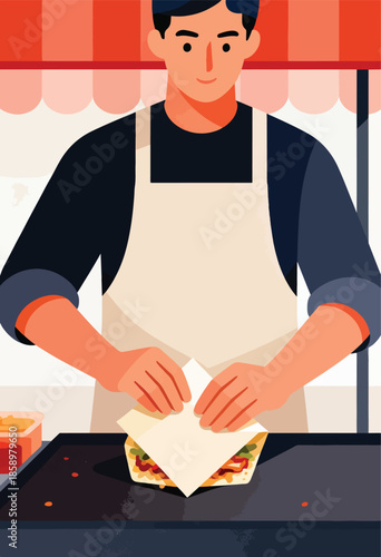 Vendor preparing food wrap, hands folding tortilla over filling on griddle