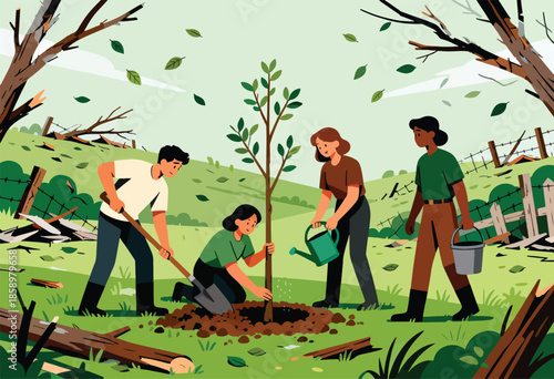 Four people planting a new tree in a field with fallen branches and leaves
