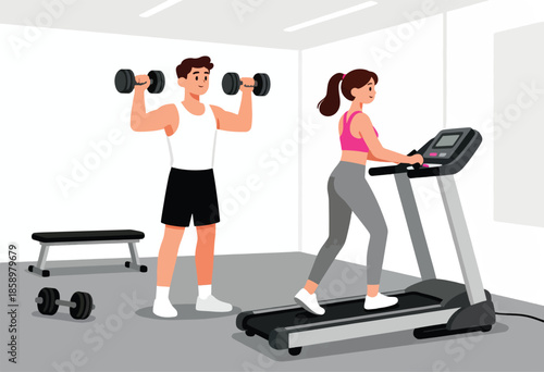 Athletic man lifts dumbbells while woman runs on treadmill in gym