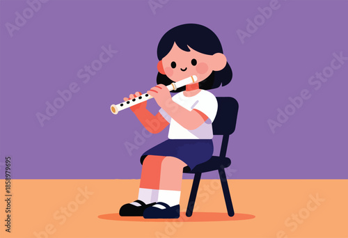 A cheerful child plays a recorder while seated on a chair against a purple backdrop