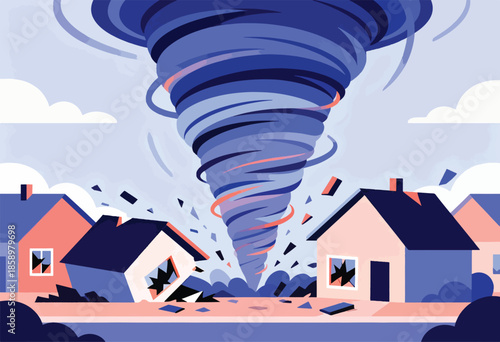 A powerful vortex descends on a suburban neighborhood, causing destruction and debris