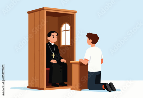 Priest in confessional listens to kneeling man