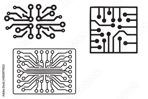 circuit board designs with various electronic component layouts and connections