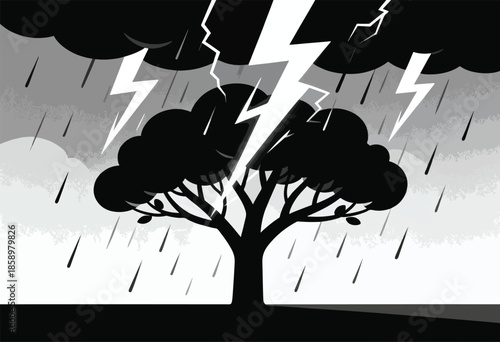 Stark silhouette of a tree under a stormy sky with lightning and rain