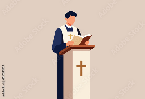 Clergy member in robes stands at a pulpit reading from an open book