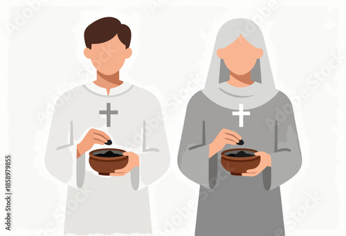 Two individuals in religious attire hold bowls of ashes for a ritual