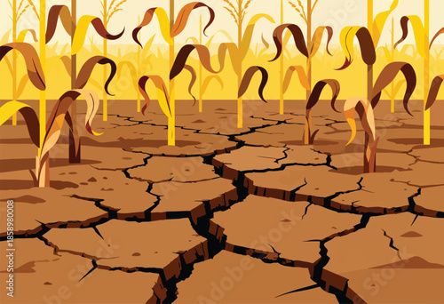 Dry cornfield with cracked earth under a hazy yellow sky