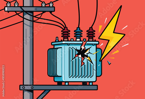 Damaged electrical transformer struck by lightning with bright yellow bolt