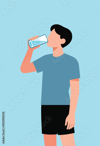 Person drinks water from a glass on a light blue background