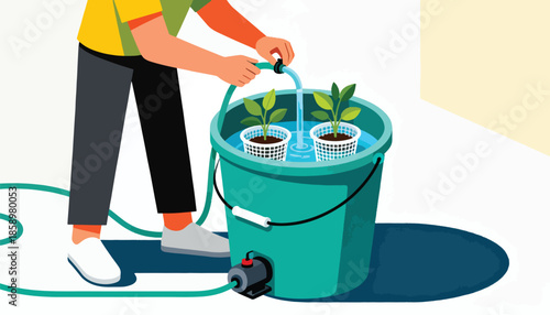Person watering plants in a bucket with a pump