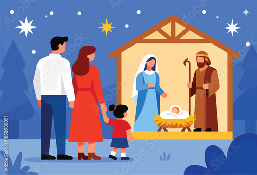 Family views Nativity scene with manger, parents, child, and stable