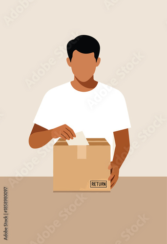 Man placing item into cardboard box labeled "RETURN
