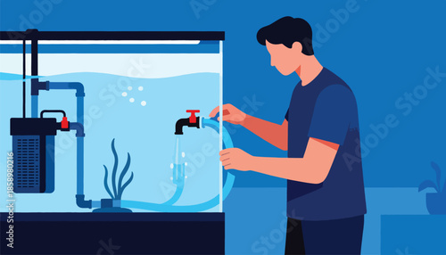 Person filling aquarium with water using a hose and filter system