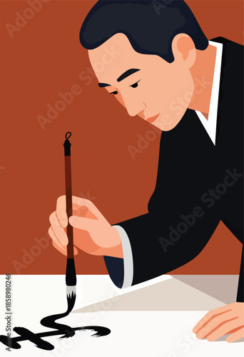 Man in black attire concentrates on writing with a brush on white paper
