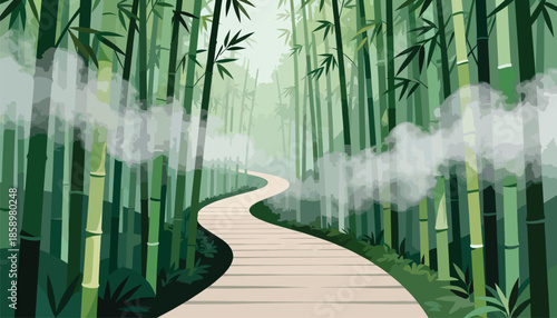 A winding path through a misty, lush bamboo forest