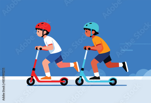 Two children wearing helmets ride scooters side-by-side on a flat surface