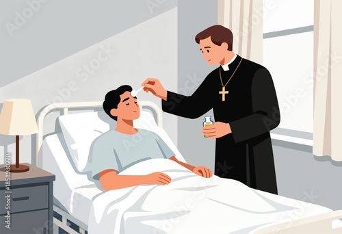 Clergy member tends to a patient in a hospital room with a bedside lamp